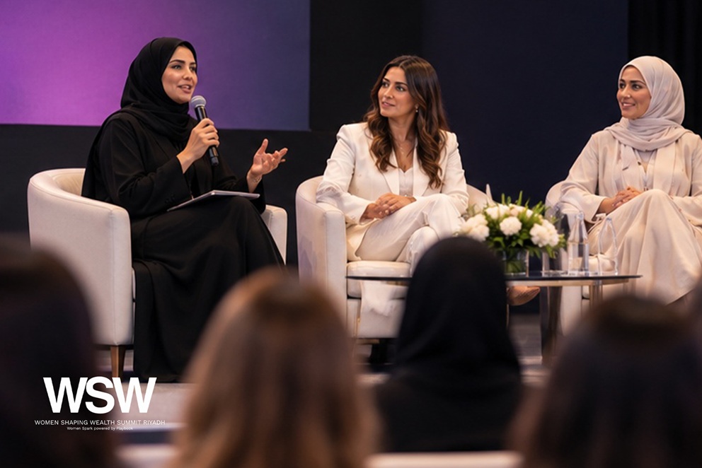 A wide view of speakers and attendees gathering at the Women Shaping Wealth Summit in Riyadh.